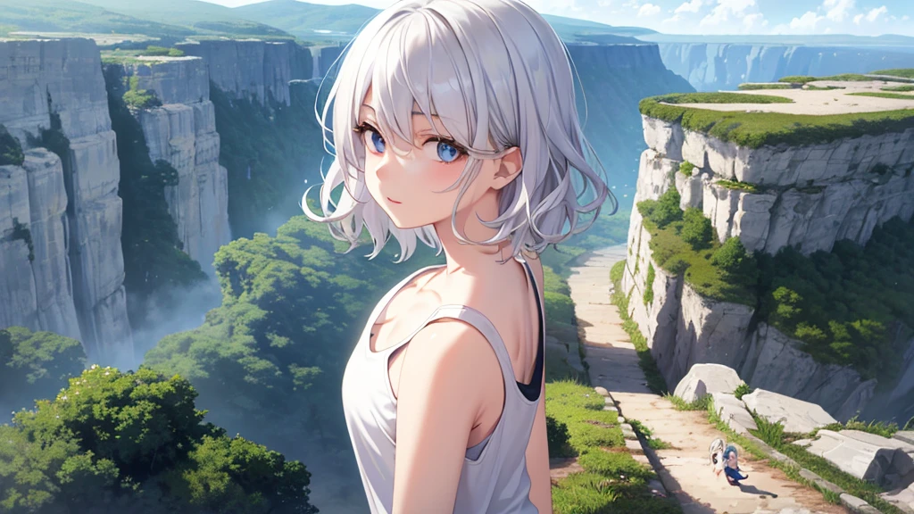 realistic, Upper body, top view, 1 girl, 20-year-old, very short hair, short wavy hair, eyes visible through hair, beautiful white hair, very beautiful detailed anime face and eyes, Happy, Tank top, white clothes, landscape, very detailed,