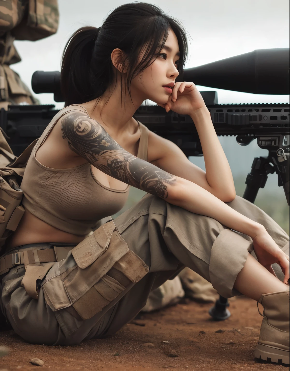 22 year old white female、hair color is blonde、blue eyes、long hair、The ends of the hair are wavy、accessories on wrist、wearing a necklace、has earrings、skin is smooth、Slender but muscular body、My abs are cracked、I can see my bellybutton、wearing an arm dress、smile、Wearing a sleeveless high-neck zipper-up top、wearing low-rise jeans、wearing high heels、smile、in front of a concrete wall