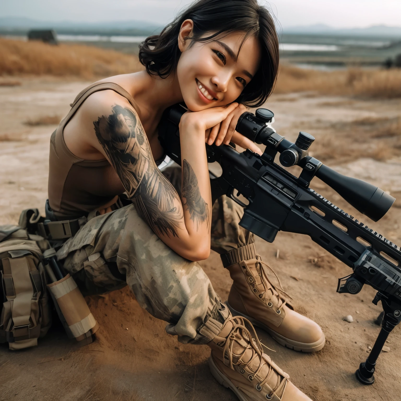photorealistic、realistic skin texture、automatic rifle、tattoo