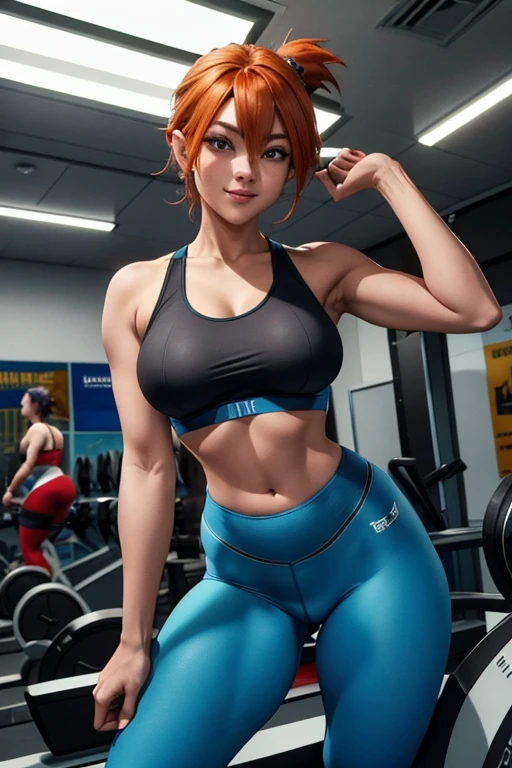 Pose de modelo sexy, obra de arte, melhor qualidade, high resolution, 1 garota, (Pokémon), cabelo laranja, Sozinho, blue leggings, rabo de cavalo lateral, Athletic body, cabelo laranja, barriga, black sports bra, umbigo, cabelo curto, sorriso, seios grandes, tiro de corpo inteiro, in the gym weight machines, gym, high resolution, very high resolution, 1080P, 4k, 8k, 16k, muito detalhado, realista, 8k, Cinema 4D, Arte extremamente detalhado, [ Arte Digital 4K ]