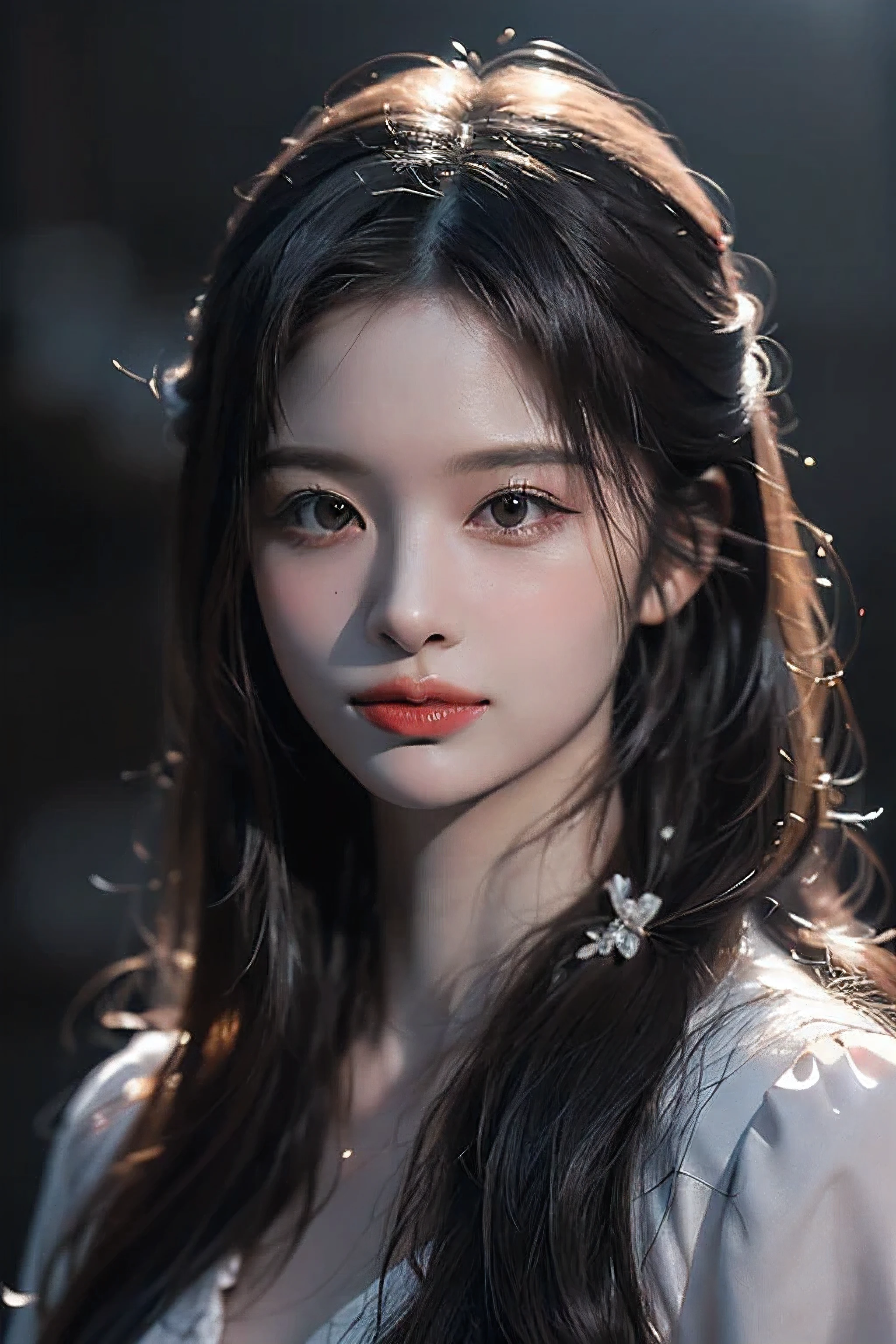 (RAW photo, best quality), ((Nostalgia,1980s syle)),(A girl with a literary atmosphere:1.2),(realistic, photo-realistic:1.3), extremely delicate and beautiful, Amazing, finely detail, masterpiece, ultra-detailed, highres,best illustration, best shadow,intricate,depth of field,(closeup portrait of a young beautiful woman:1.2),long hair,messy hair,((((low key,dark scene,dimly lit)))),(((soft lighting:1.4))),(pale skin:1.4),(shy smile),(cinematic angle),sharp focus, volumetric fog, 8k UHD, DSLR, high quality,( film grain:1.4), Fujifilm XT3,(looking at viewer), pale skin