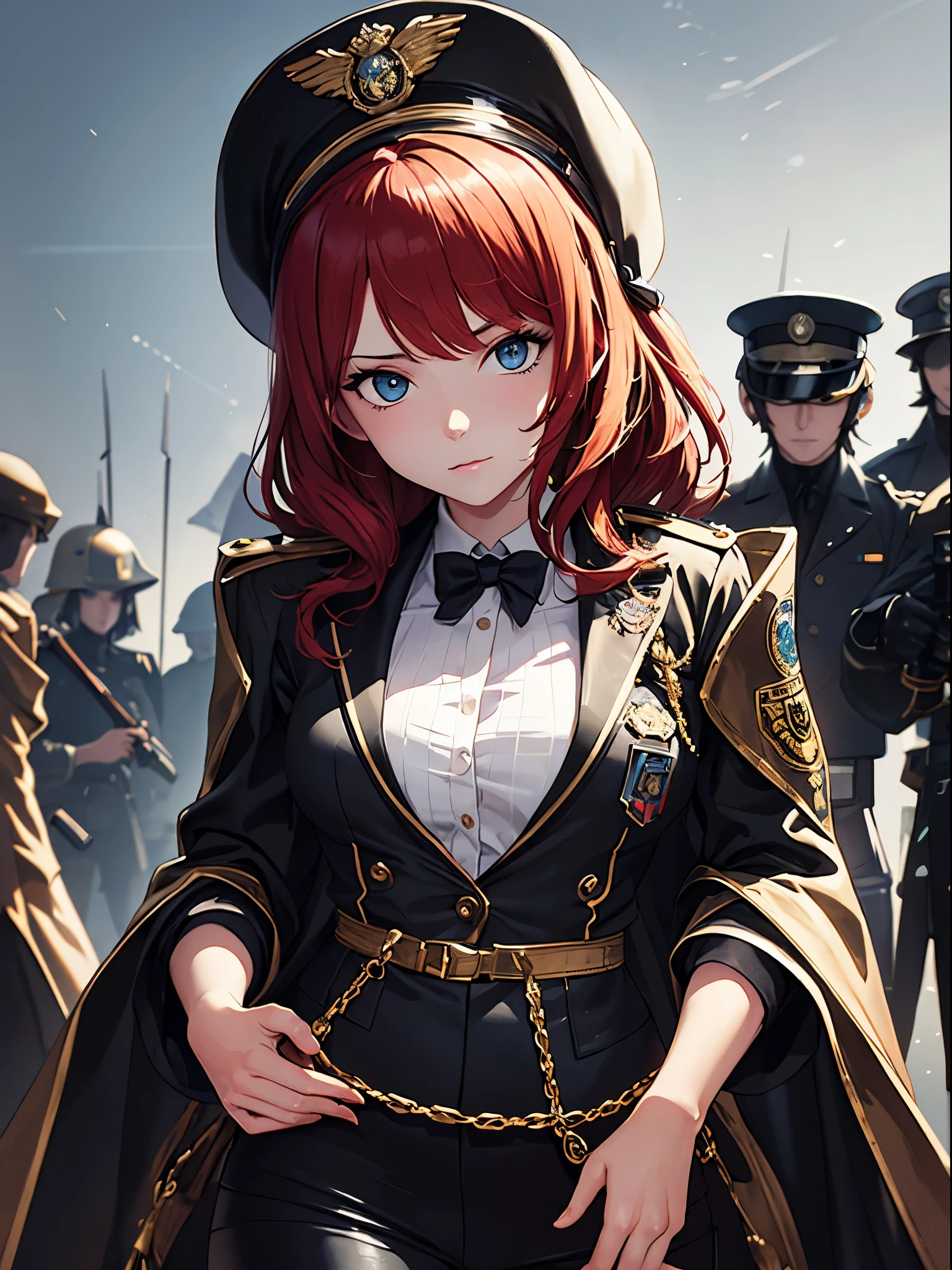Woman standing in front of a group of robots, steampunk male portrait, synthesis, beautiful android woman, Storms and epic war scenes, inspired by Richard Avedon, Black dieselpunk cop, redhead woman, girl in a suit, Complex fashion clothes, beautiful female soldier