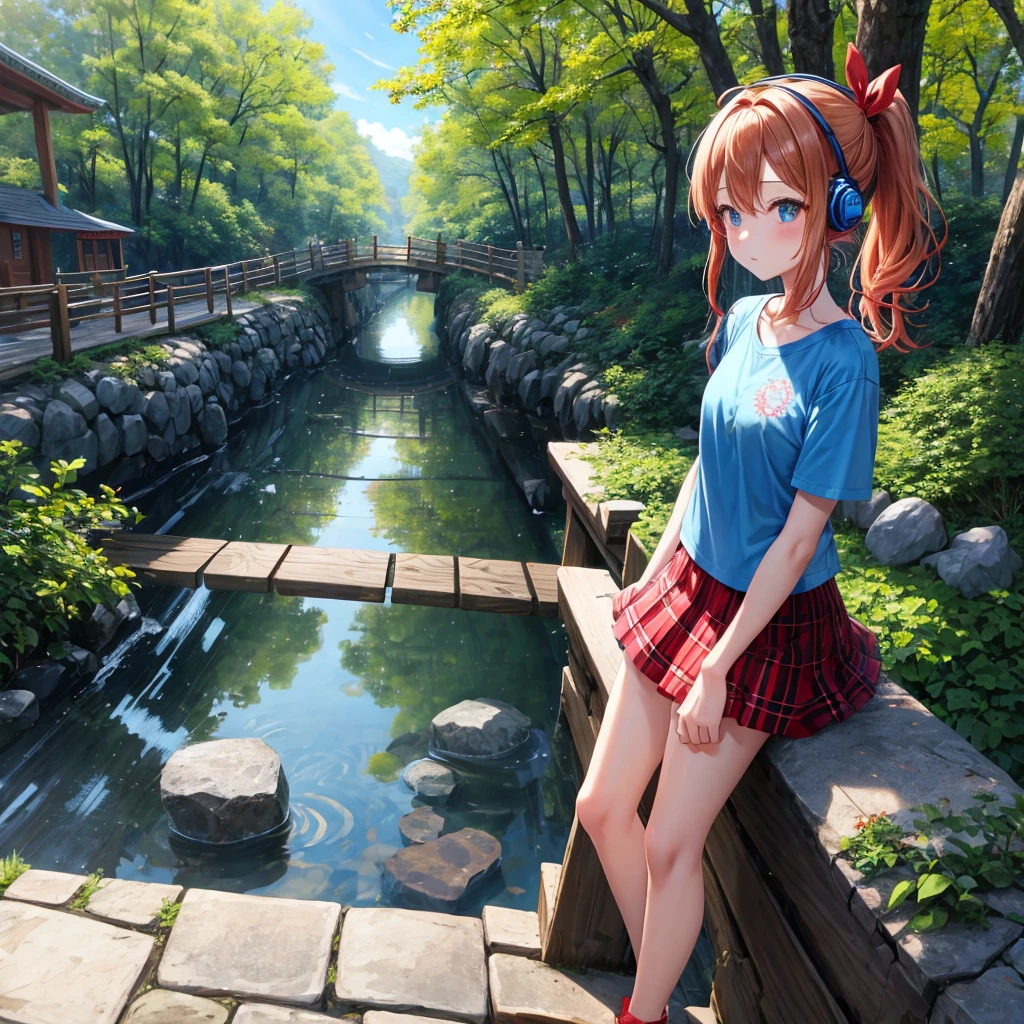 Red-blonde、blue hair、blue eyeraid、ponytail、one good looking girl、solo、anime、Plaid miniskirt、black t-shirt、camisole、forest、walking、Wearing a plaid baseball cap、Tilting your face、log bridge、Doing the ribbon、sunset sky、wearing headphones、stone bridge、stone stairs、petal、A small bird  flying、big tree、tunnel、squirt