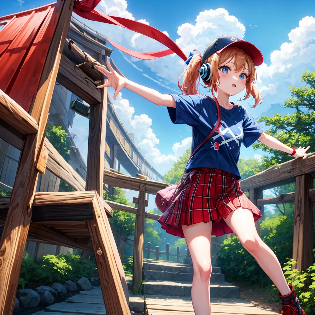 Red-blonde、blue hair、blue eyeraid、ponytail、one good looking girl、solo、anime、Plaid miniskirt、black t-shirt、camisole、forest、walking、Wearing a plaid baseball cap、Tilting your face、log bridge、Doing the ribbon、sunset sky、wearing headphones、stone bridge、stone stairs、petal、A small bird  flying、big tree、tunnel、squirt