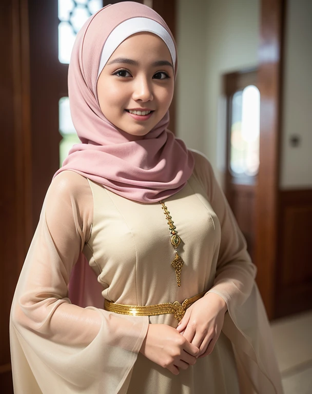 malay girl, best quality, soft light, (depth of field), ultra hi-res, ((wearing hijab)), ((wearing malay traditional dress)), solo, great smile, (brown eyes), detailed beautiful eyes, sexy lips, (long fluffy brown hair), slim body, 165cm height, medium brest, ((muslimah dress)), blur background, (pastel color dress)