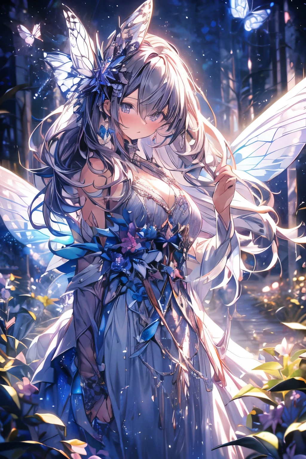 masterpiece, concept art, (highly detailed), medium shot, fairy butterfly 1girl, butterfly wings, cute, elegant, violet flowing hair, magical dress, magnum opuutterfly:1.5) flying surrounding her, mythical forest, bathed in ethereal moonlight, serenity, (epic composition, epic proportion), Vibrant color, volumetric lighting, Hd