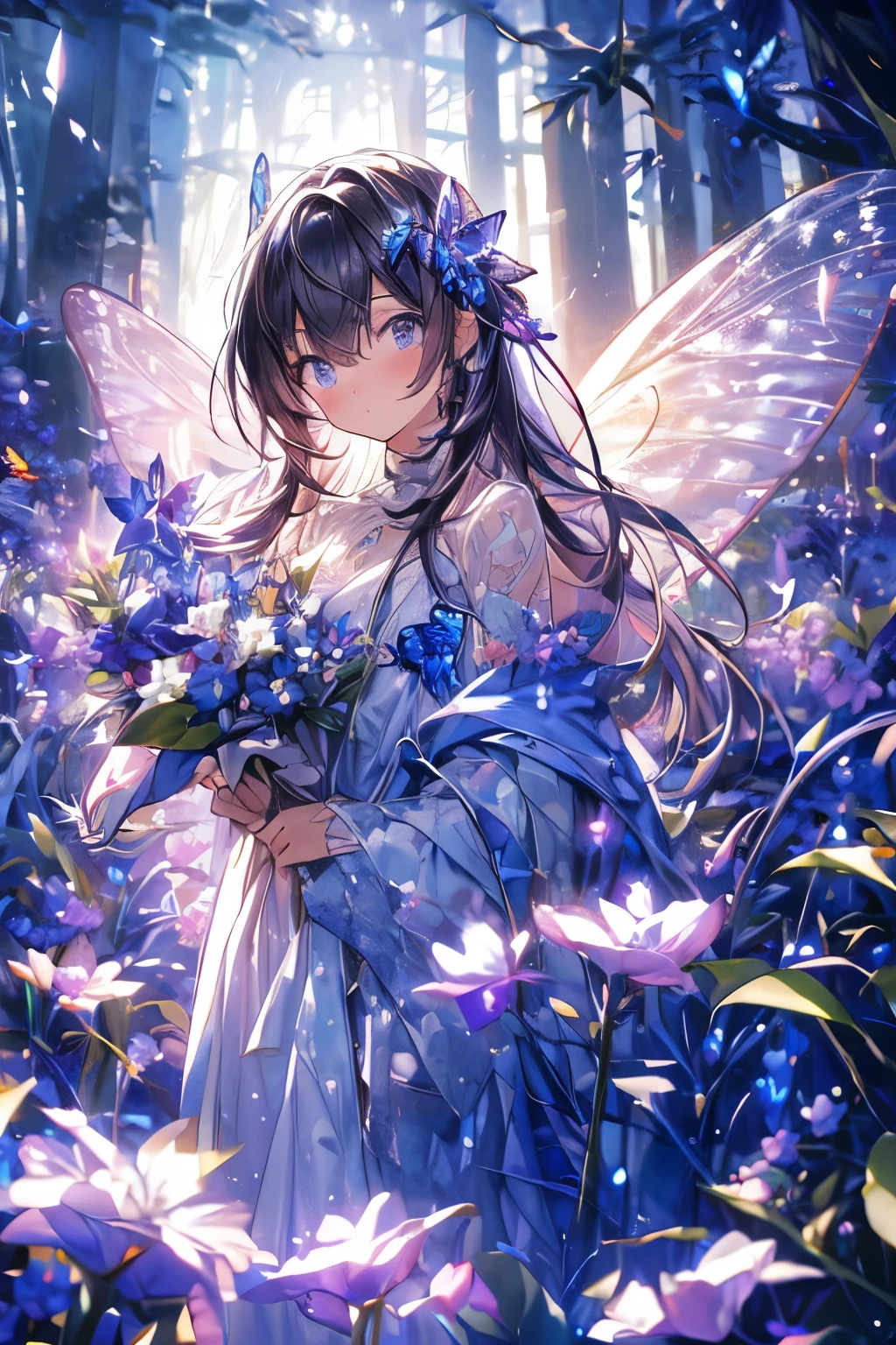 masterpiece, concept art, (highly detailed), medium shot, fairy butterfly 1girl, butterfly wings, cute, elegant, violet flowing hair, magical dress, magnum opuutterfly:1.5) flying surrounding her, mythical forest, bathed in ethereal moonlight, serenity, (epic composition, epic proportion), Vibrant color, volumetric lighting, Hd