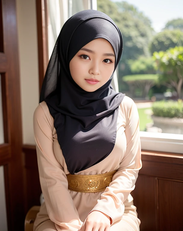 malay girl, best quality, soft light, (depth of field), ultra hi-res, ((wearing hijab)), ((wearing malay traditional dress)), solo, great smile, (brown eyes), detailed beautiful eyes, sexy lips, (long fluffy brown hair), slim body, 165cm height, medium brest, ((muslimah dress)), blur background, (pastel color dress), (wearingkorean spectacle)