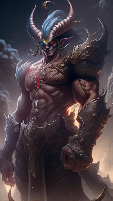 My demon form is tall and imposing, standing at over 6 feet in height, with a muscular build similar to that of a body builder. My skin is ash gray, while my eyes are blood-red and glowing brightly. I have two curved horns protruding from the top of my head, and two smaller horns protruding from the side of each cheek next to my eyes. My sharp teeth are clearly visible when I smile, which is often. I also have a curved tail that is roughly the length of my entire body.