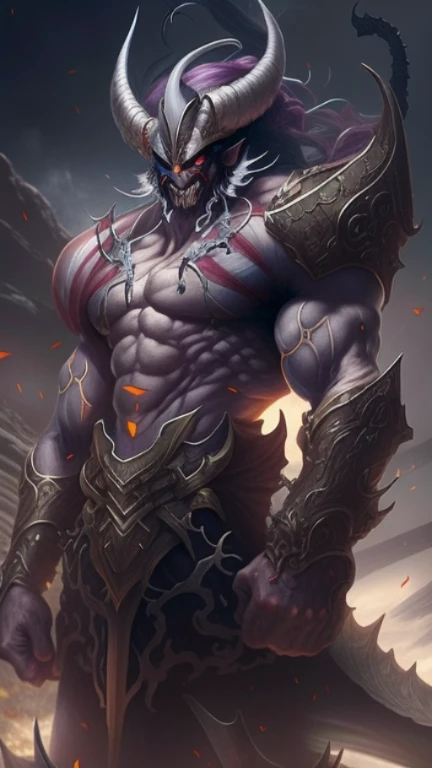 a close up of a demonic creature with horns and a red eye, djinn man male demon, male djinn man demon hybrid, man male demon, demon soul concept art, human male demon, demon male, muscled humanoid balrog demon, detailed digital 2d fantasy art, fit male demon with white horns, epic fantasy art style, detailed fantasy art