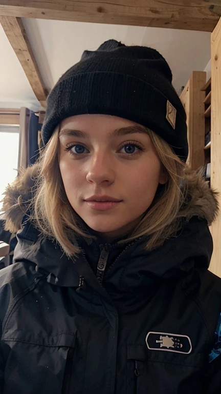 Une jeune fille européenne blonde au ski instagram photo vue de loin
