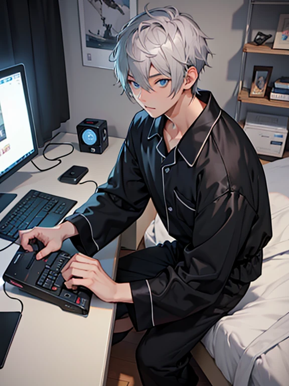 25 years old、male、gray hair、low length、short hair、blue eyes、Bedroom、Playing games on a computer、Single unit、black coffee on the desk、black pajamas、