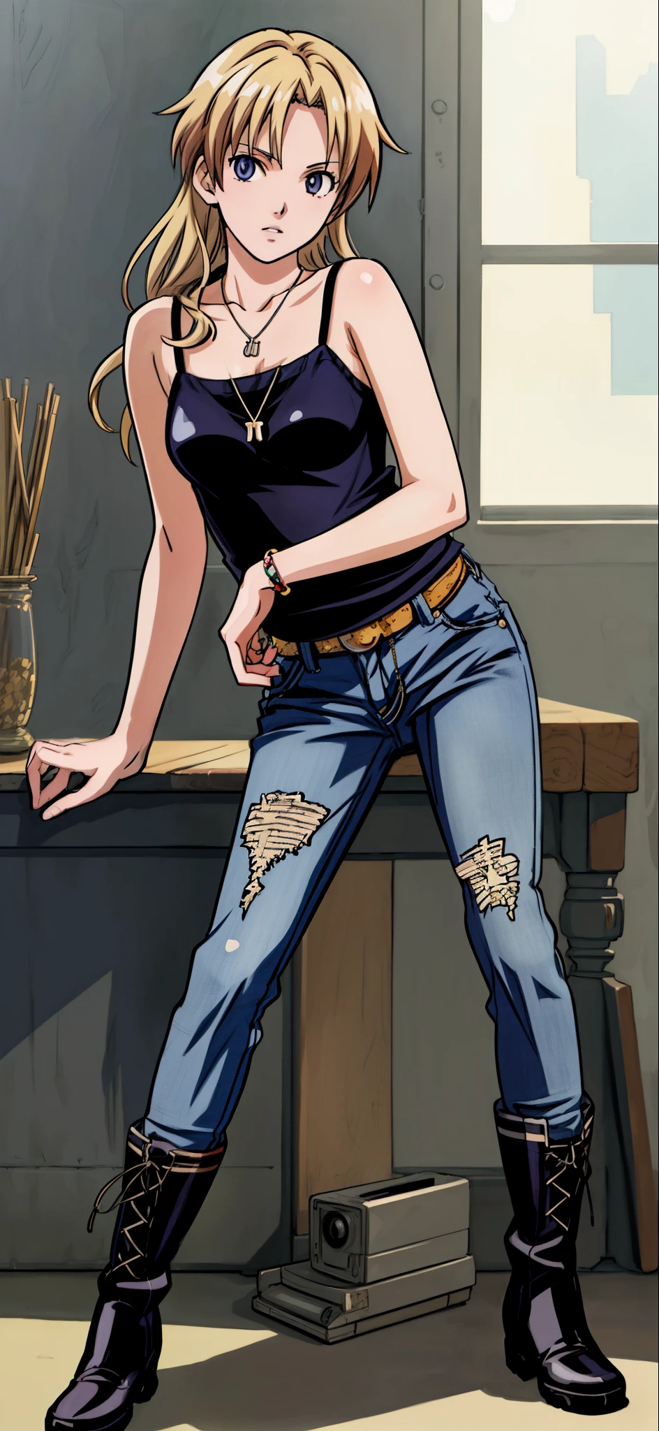 (Best Quality,4K,8K,hight resolution,masutepiece:1.2), Ultra-detailed, (Realistic,photoRealistic,photo-Realistic:1.37), rage, Unhappy,((blonde hair)), ((Long Hair)),Black Camisole, damaged denim jeans,a necklace,right hand up,Sitting, legs spread,Lace-up long boots,Beautiful detailed eyes, Beautiful detailed lips, extremely detailed eye and face, long eyelashes, Realistic anime 3D style, Smooth Anime CG Art, Digital rendering by Makoto Shinkai, Moe Anime Art Style, photoRealistic rendering of an anime girl, Shinkai Makoto style, Cute anime girl visuals, Realistic young anime girl, girl fan art, Created by Anime Artist&#39;studio of.