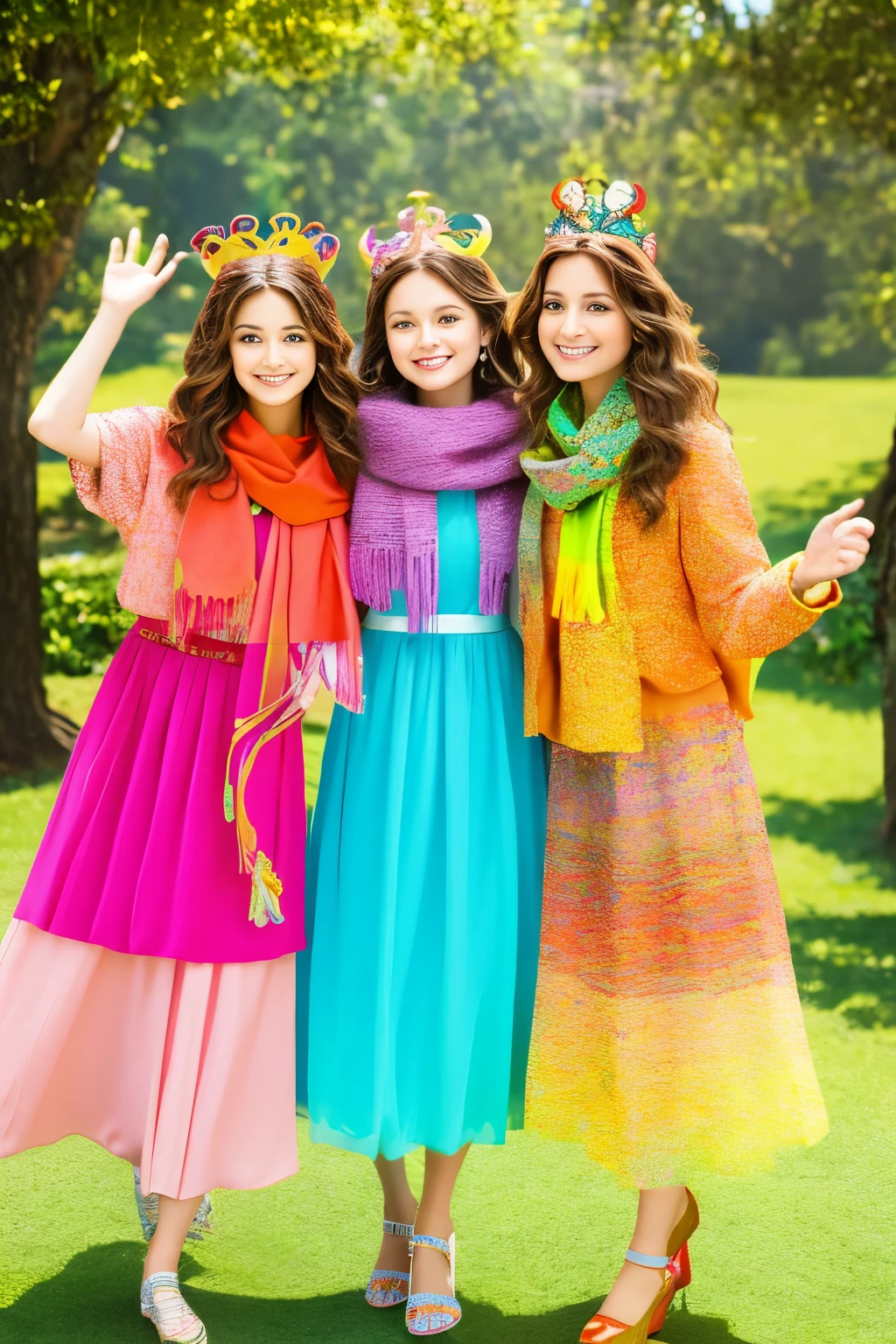 two girls, curious, fearless, smiling, wavy brown hair, dressed in colorful clothes and a magical scarf, next to the old fairy queen,