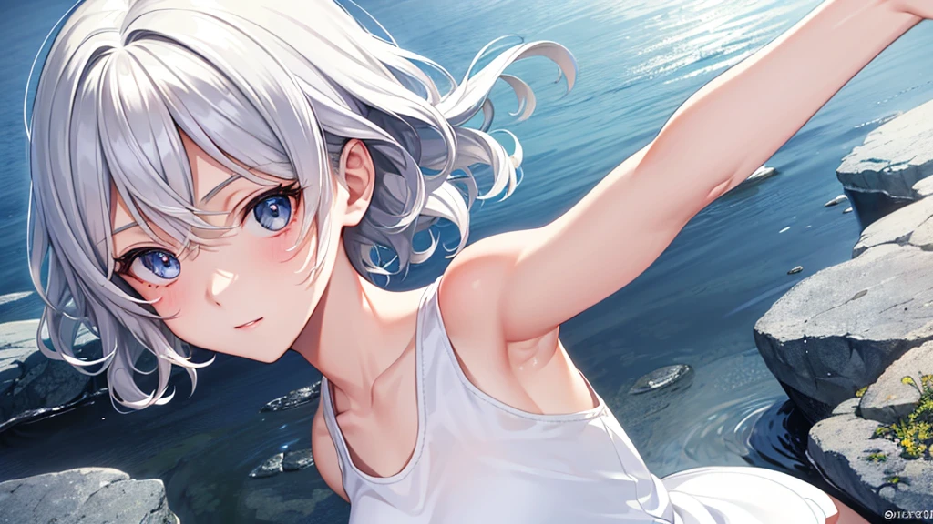 realistic, Upper body, top view, 1 girl, 20-year-old, very short hair, short wavy hair, eyes visible through hair, beautiful white hair, very beautiful detailed anime face and eyes, Happy, Tank top, white clothes, landscape, very detailed, 海が見える