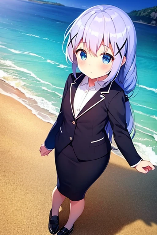 1girl, chino kafuu, beach background, beach, suit, office lady, black skirt, black blazer, pencil skirt, skirt suit, medium length skirt, white shirt, collared shirt, long hair, teenager, looking at viewer, full body