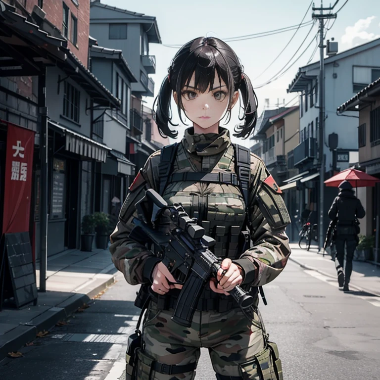 (trained female soldier)、((hold a rifle:1.3、shooting position、gun、H&K HK416))、1 female、serious expression、mottled battle uniform、masterpiece、highest quality、ray tracing、