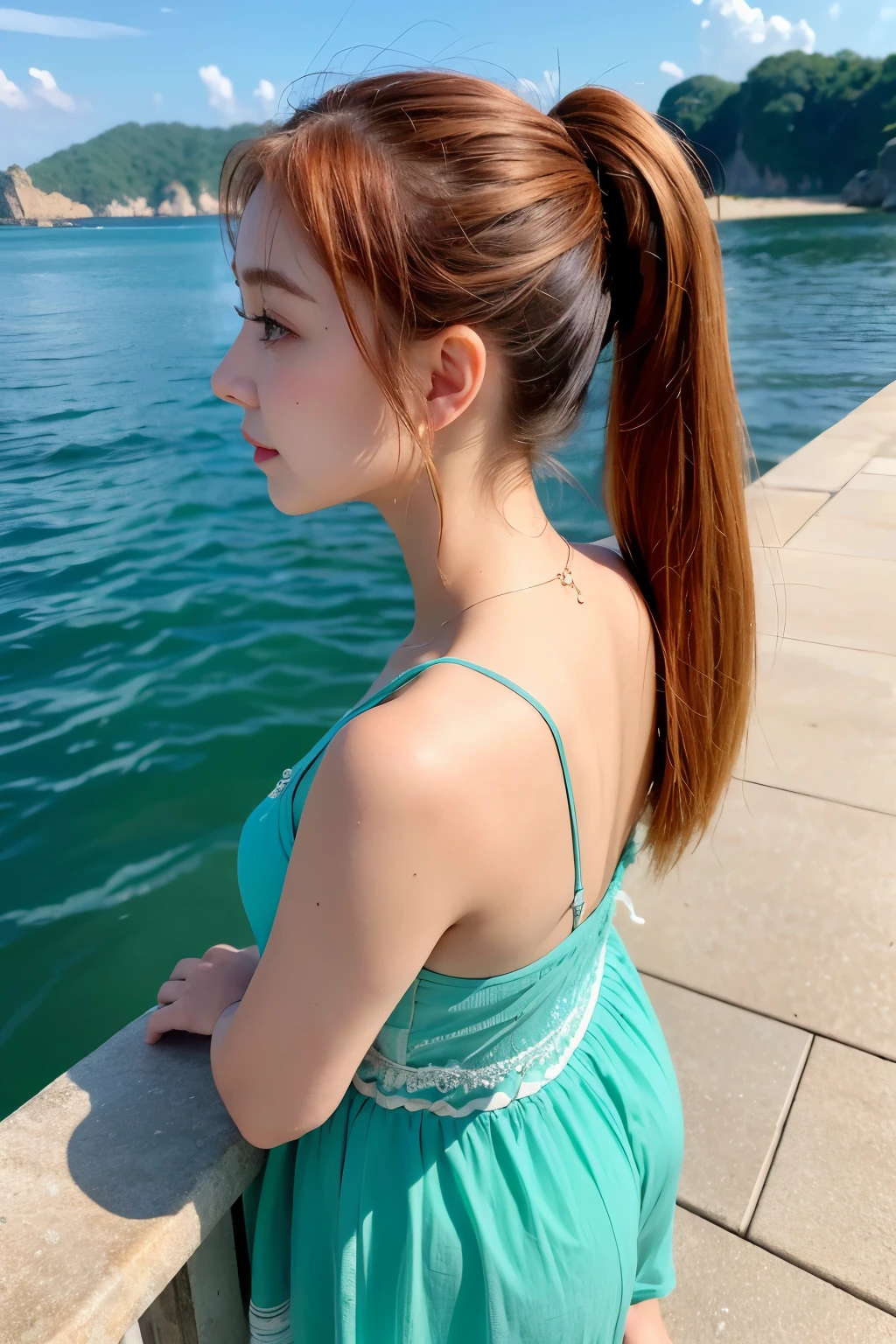 ((highest quality)), ((masterpiece)), (be familiar with), perfect face、ponytail、background Ocean、whole body、Peach hair、petite、front、Angle from below