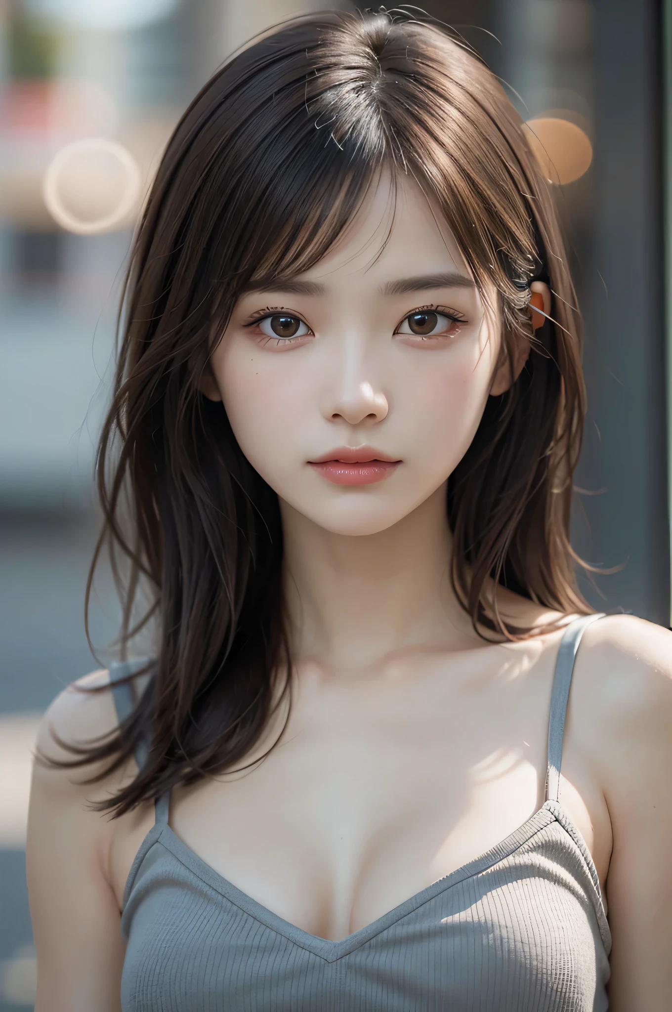 (high resolution, 4k, 8k, ultra-detailed:1.2), (hyper-realistic, photorealistic:1.37), (illustrated), (detailed lighting), (extremely delicate and beautiful), 1 young girl, brown hair, brown eyes, model, bare shoulders and chest, (best quality), ultra-detailed CG wallpaper in 8k, vibrant color, professional-grade, ((bokeh effect)), depth of field, twilight, sinking sunset.