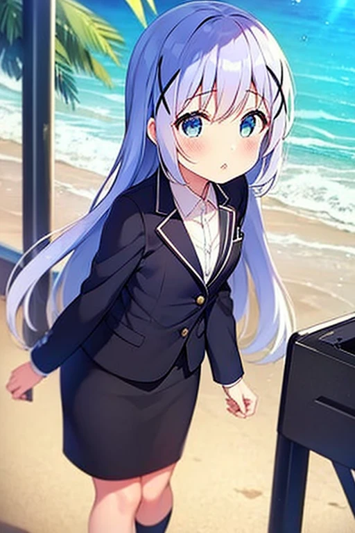 1girl, chino kafuu, beach background, beach, suit, office lady, black skirt, black blazer, pencil skirt, skirt suit, medium length skirt, white shirt, collared shirt, long hair, teenager, looking at viewer, full body