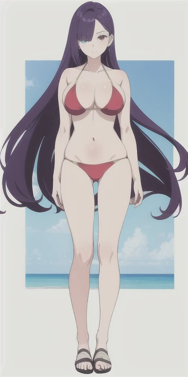 ((best quality)), ((masterpiece)), (detailed), perfect face , full body anime picture of a purple haired heterochromic girl with red right eye and blue left eye wearing a 2 piece bikini , heterochromia , crimson red right eye , sapphire blue left eye , deep purple hair , gold accents , 2 piece bikini, red and blue eyes , long hair , full body , standing