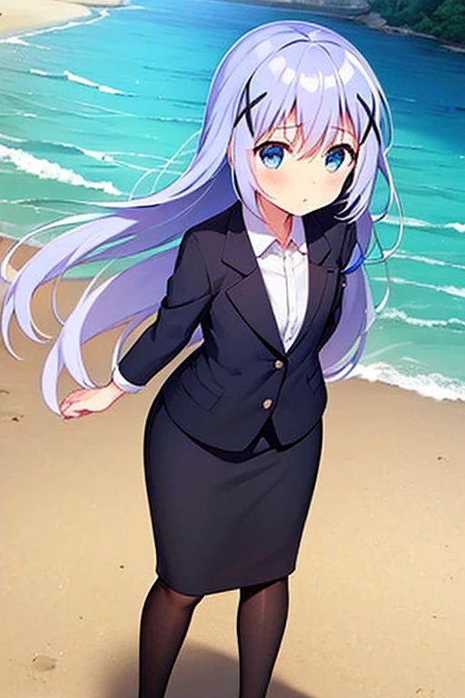 1girl, chino kafuu, beach background, beach, suit, office lady, black skirt, black blazer, pencil skirt, skirt suit, medium length skirt, white shirt, collared shirt, long hair, teenager, looking at viewer, full body