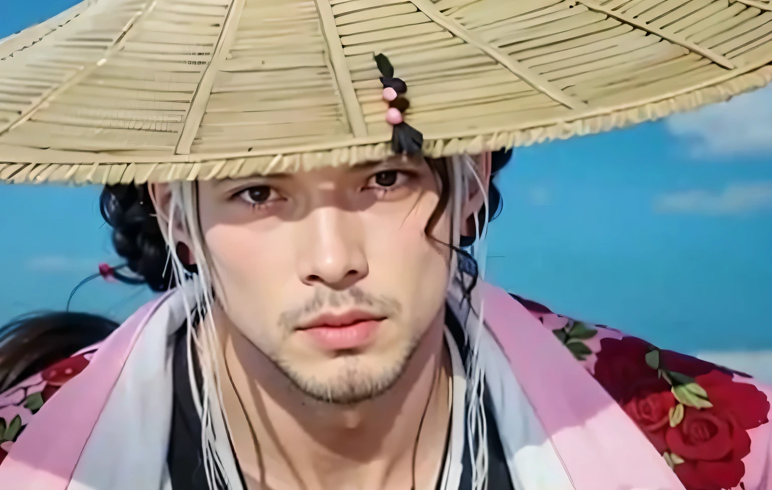 Man with yellow straw hat and black Long hair tied at the back and black white rose pink clothes 