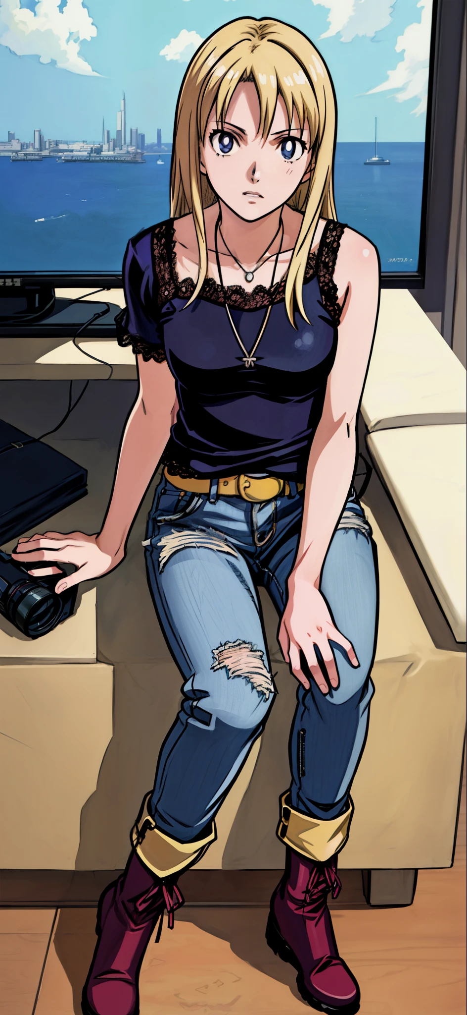 (highest quality,4K,8K,High resolution,table top:1.2), super detailed, (realistic,photorealistic,photo-realistic:1.37), rage, Unfortunate,((blonde hair)), ((long hair)),black camisole, damaged denim jeans,necklace,raise your right hand,sitting, spread your legs,Lace-up long boots,beautiful and fine eyes, beautiful detailed lips, highly detailed eyes and face, long eyelashes, realistic anime 3D style, Smooth anime CG art, Digital rendering by Makoto Shinkai, Moe anime art style, photorealistic rendering of an anime girl, Shinkai Makoto style, Cute anime girl visuals, realistic young anime girl, girl fan art, Created by Anime Artist&#39;studio of.