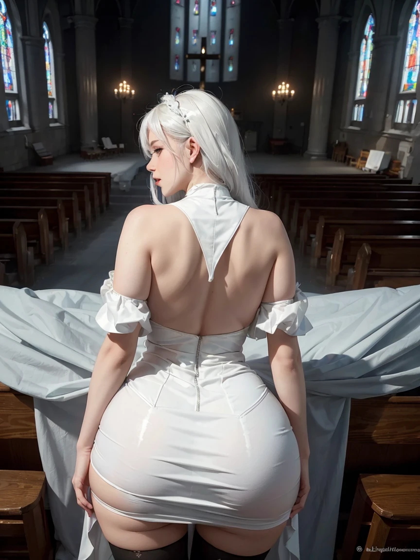 stunning girl((audience watching))(bikinweat))(black stockings)(already)(Redchini)best quality, ultra high resolution, (lifelike:1.4), revealing white church dress, Black suffocated white hair:1), (huge, , huge:1.4), droop, Thick thighs,hip width, big booty, view from behind, Horizontal, looking at the audience, church, close upstunning girl, best quality, ultra high resolution, (lifelike:1.4), revealing white church dress, Black suffocated white hair:1), (huge, , huge:1.4), droop, Thick thighs, Strong and broad hips, big booty, view from behind, Horizontal, looking at the audience, church, close up