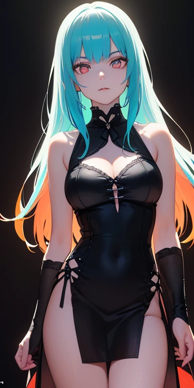 baby face, (colorful fluorescence multicolored hair:1.5,straight hair:1.5), (masterpiece, sidelights, exquisite beautiful eyes: 1.5), masterpiece*portrait, realistic, ((dark horror background:1.5)),(low tension girl:1.5),colorful,3D face,(beautiful face),front view: 1.6、 (glowing red eyes:1.2),(tareme:1.5)、(condescending expression:1.2),(pale lips)、pale lips,Slim Body, shiny hair, shiny skin: 1.5、medium breasts,、solo,(stand)、(gothic dress:1.5)、(charactor focus:1.5、portlate、eye focus,cowboy shot)、dark、