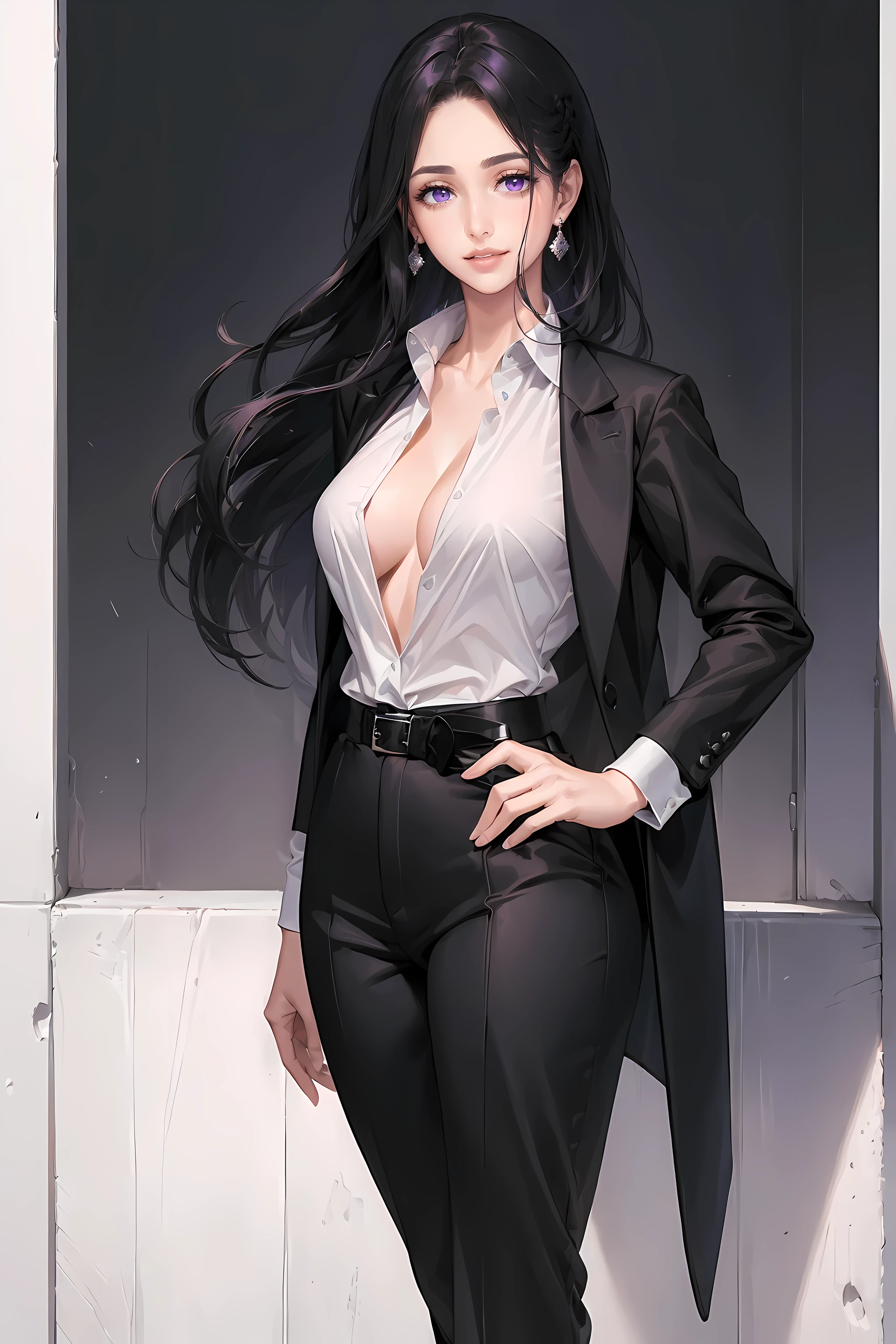 (1girl:1.5),(Best quality,4K,8K,A high resolution,tmasterpiece:1.2),ultra - detailed,(actual,photoactual,photo-actual:1.37),black suit jacket,sliver long hair,girl with Redlip,girl in suit jacket,girl in elegant clothing,Redlip,Perfect application for lipstick,(beautidful eyes:1.4),(white shirt:1.5),silber hair,a purple eye,light smile,Happy expression,highlydetailed skin,Stunning face,Long eyelashes,black eyeliner,a work of art,(Black belt:1.2),white shirt,Dangle earrings,(regular suit:1.2),Full body lesbian