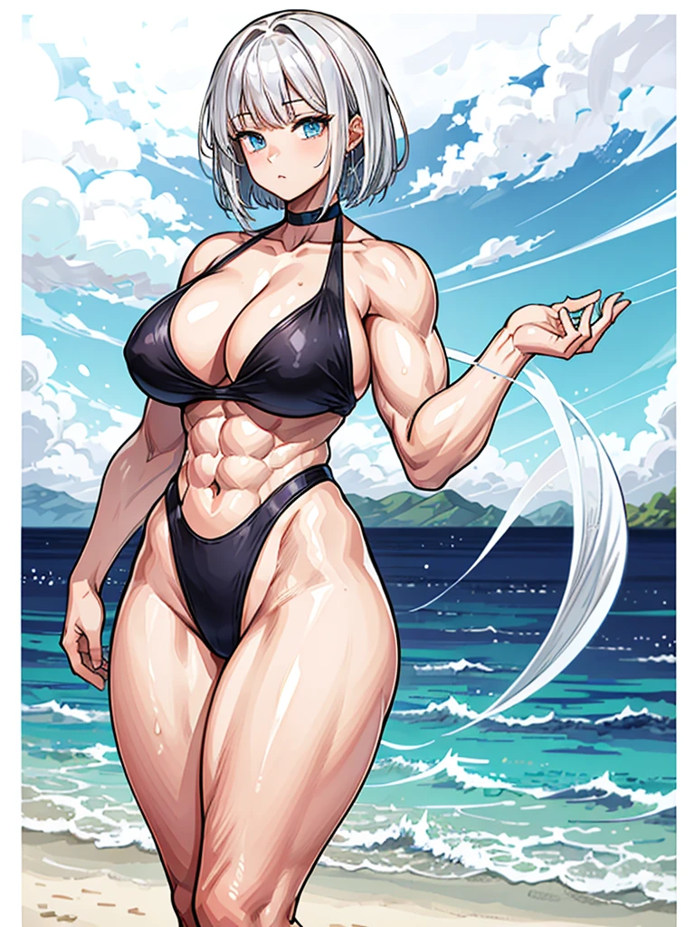 (((masterpiece、Highest image quality、highest quality、highly detailed unity 8kwallpaper)))、((Illustration of one girl))、(((beautiful girl)))、((white hair、short hair、light blue eyes))、(((stocky build, thickset physique, muscular legs, broad shoulders, solid chest)))、swimsuit、sandy beach