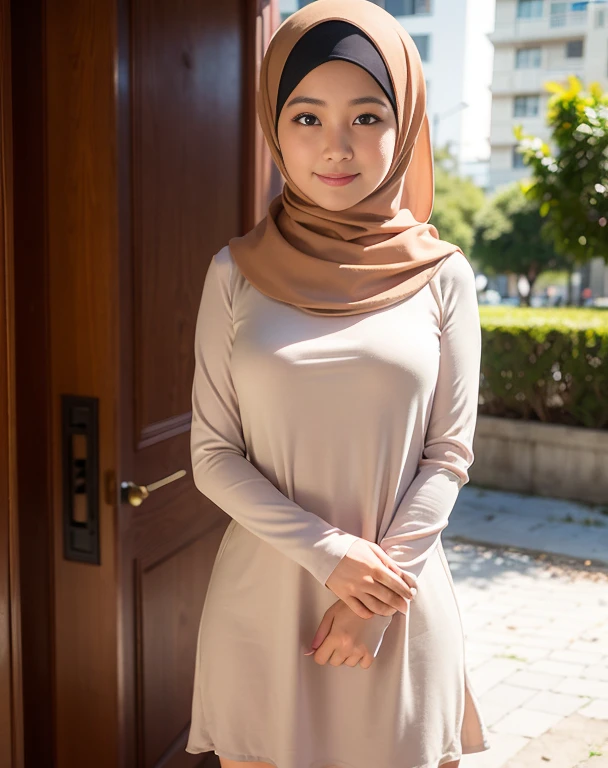 malay girl, best quality, soft light, (depth of field), ultra hi-res, ((wearing plain muslimah casual dress)), solo, great smile, (brown eyes), detailed beautiful eyes, sexy lips, long fluffy brown hair, slim body, 165cm height, medium brest, blur background, (pastel color dress), (soft light)