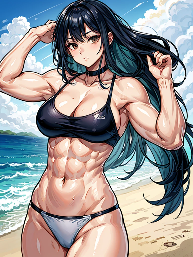 (((masterpiece、Highest image quality、highest quality、highly detailed unity 8kwallpaper)))、((Illustration of one girl))、(((beautiful girl)))、((black hair、Very Longhair、straight:1.2、brown eyes))、(tall、stocky build, thickset physique, muscular legs, broad shoulders, solid chest:1.wimsuit、sandy beach