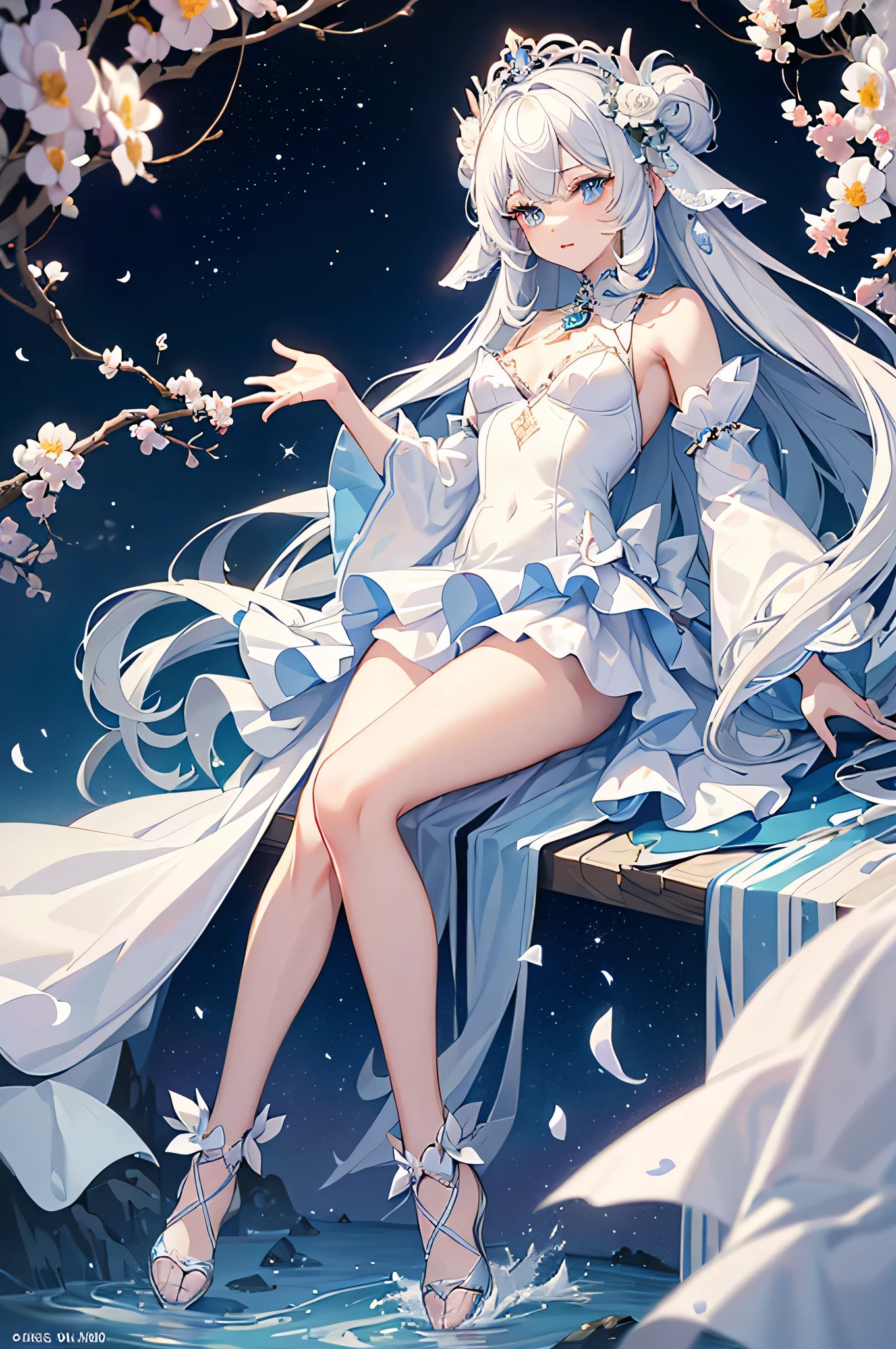（Extremely detailed CG unified 8k wallpaper，masterpiece，Best Illustration，best quality，Extremely refined and beautiful，float，high resolution，dynamic angle，dynamic poses，（De Gea from Genshin Impact），night sky，Star，flashing lights，Soft and peaceful atmosphere）:(De Gea：1.3）+（Genshin Impact：1.1）+（night sky：1.1），Milky white hair，furry clotheao Pipa，blue and white color，beautiful appearance，这是一个Lovely女孩，white beautiful appearance，Lovely，a teenage girl，white hair，in blue eyes，White clothes in the sea，have fun，Wearing a wreath on the head，running action，Beautiful and charming loli character，Her appearance  very eye-catching。Has long silky sky blue hair，And a pair of bright big eyes，Her face  very delicate，Give people a sense of calmness、elegant feeling。in addition，Wearing a white dress，The design of this dress  very vivid，comprehensive，Appearance  very attractive，crystal clear brilliance，White hair and fair skin，the only person，Beauty，fox ace shadow，facial highlight，golden eyes，gradient eyes，white eyelashes，（colorful），（Exquisite makeup），（thick lips），lipstick，glowing eyes，（Highlight eye shadow），（smooth，straight hair），Exquisite facial sculpture lighting effects，grade，18K，masterpiece，Extremely high details，Colorful，（hair bow），（A beam of light hit her face），（Hair glows），Unparalleled beauty，Hair  detailed，small nose，Exquisite light and shadow，straight nose bridge，Very good skin quality，Exquisite eye description，clear eyeessy hair），golden ratio facial features，k hd，glowing light，8k resolution，超high resolution，higher quality，flowers，White glowing particle effect，lift up skirt，Body，exposed，big deal，swimsuit，（（full-body shot））