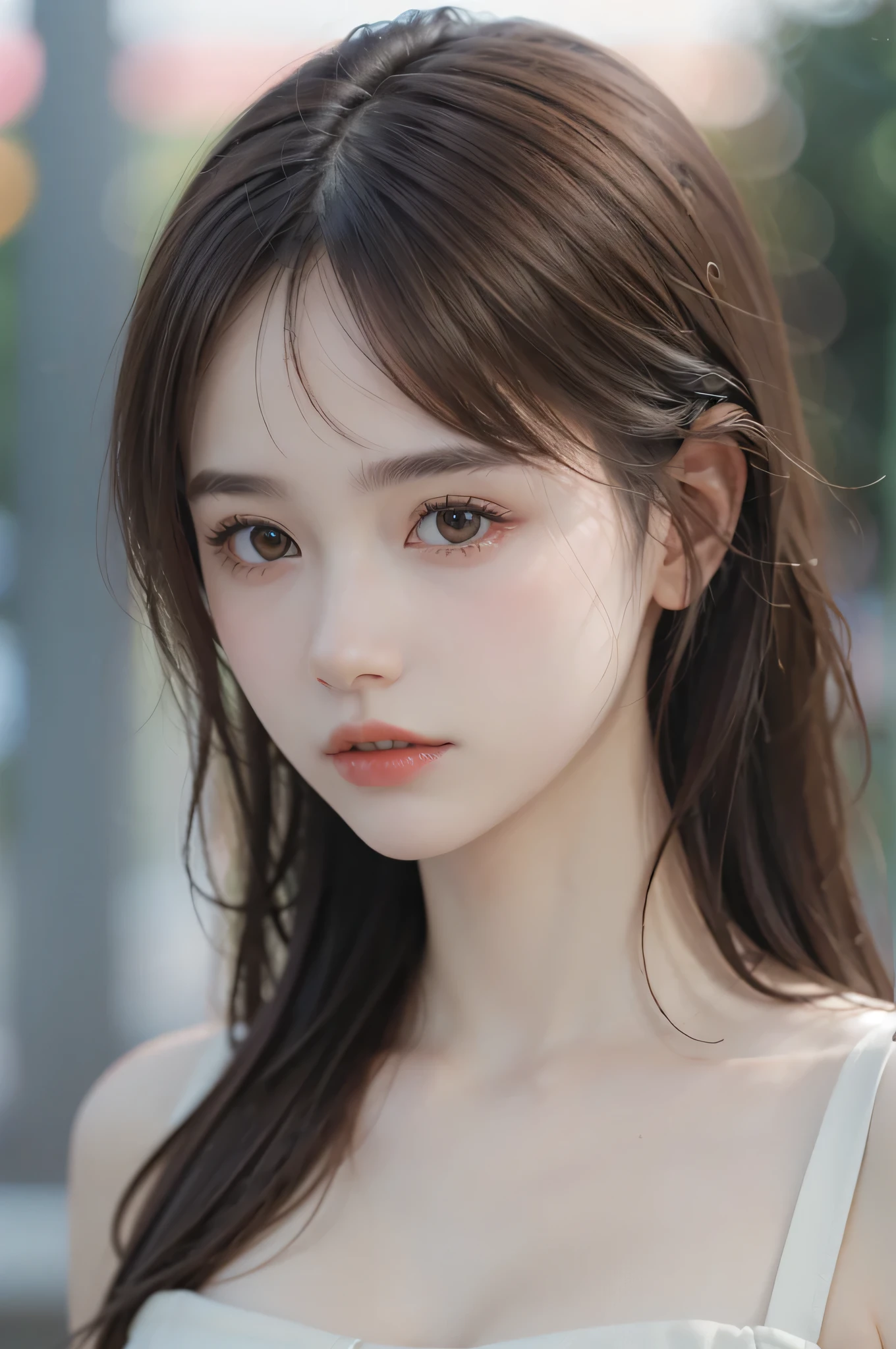 (high resolution, 4k, 8k, ultra-detailed:1.2), (hyper-realistic, photorealistic:1.37), (illustrated), (detailed lighting), (extremely delicate and beautiful), 1 young girl, brown hair, brown eyes, model, bare shoulders and chest, (best quality), ultra-detailed CG wallpaper in 8k, vibrant color, professional-grade, ((bokeh effect)), depth of field, twilight, sinking sunset.
