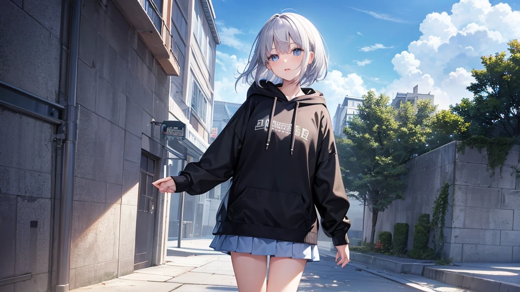 super high quality, girl, 20-year-old, とてもshort hair, long bangs between the eyes, pale blue eyes, hoodie, skirt , very detailed,(masterpiece、highest quality)、alone、gray hair、laughter、White skin as clear as snow, silver hair, black eye, beautiful eyes,, ecstasy, attractive, be smitten with audience, hoodie, 白いhoodie,黒いskirt,short hair,blue sky , sunlight,Fantasy landscapes,