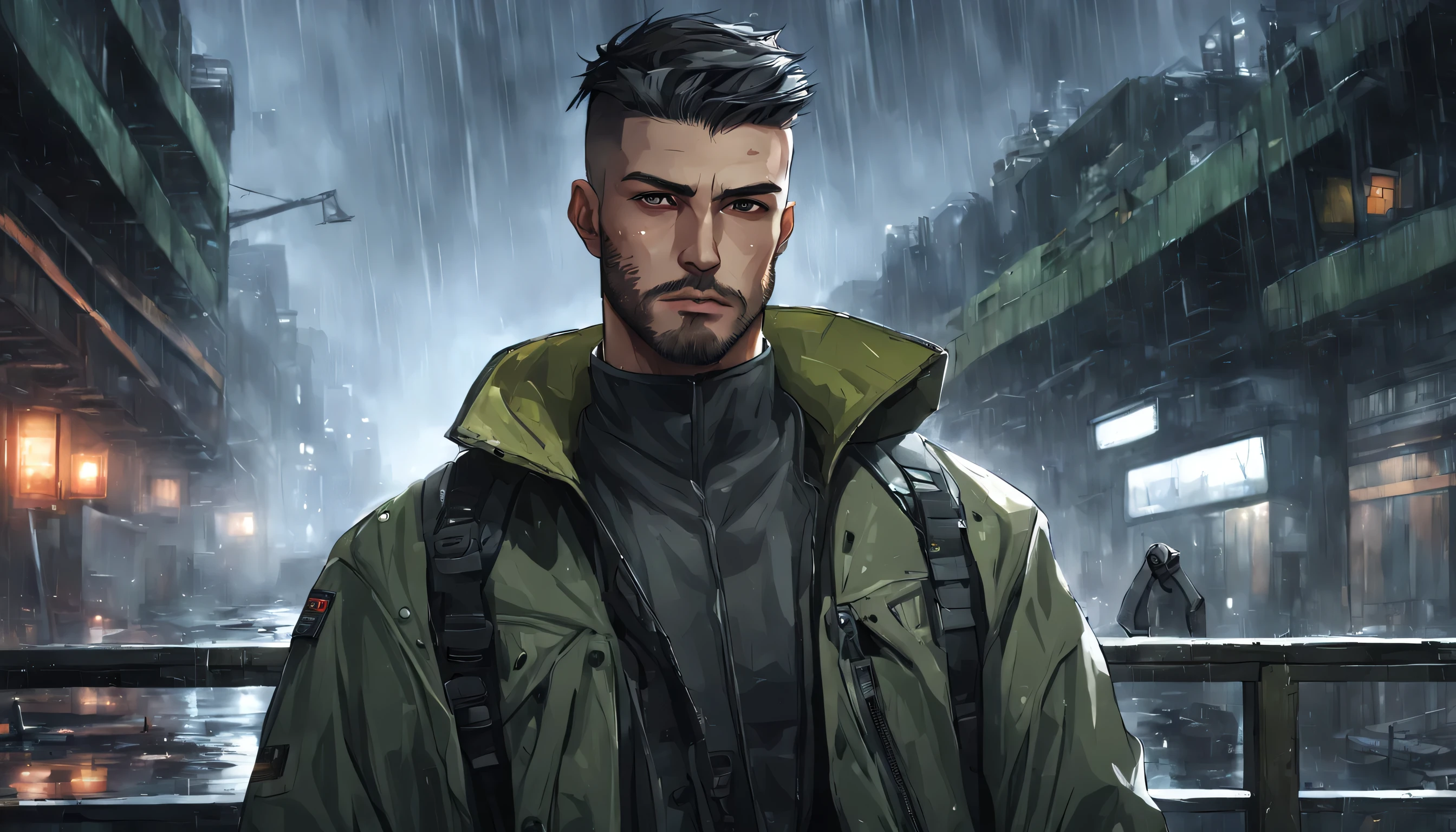 portrait of a (realistic) mysterious student is named (Antonio)) strong, military type man, ((masculine)), wears baggy clothes, has a small beard, ((thick neck)), big, buzz cut hair, many scars on face, an abandoned open area, behind the windows is a very dark abandoned futuristic city, rainy night
