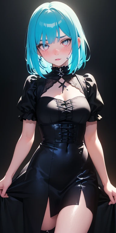 ((((dramatic))), (((gritty))), (((intense))) film poster ((Best Quality)) ((Masterpiece)) 1girl, 19 year old, black hair, pixie bob haircut, flirty smirk ((( light turquoise strapless dress ))) (((mini skirt))) ((( lifting skirt ))) ((white thong)) ((slender)) (busty) ((sexy dress)) 6 and a half heads full body