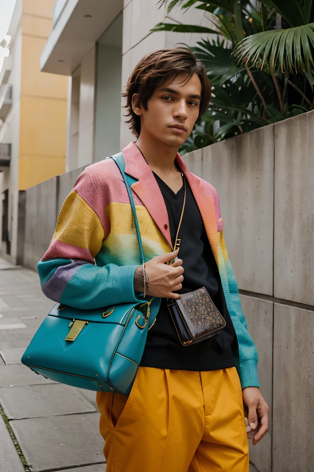um homem vestindo um look fashion muito colorido, anime inspirations, louis vuitton, texturas detalhadas