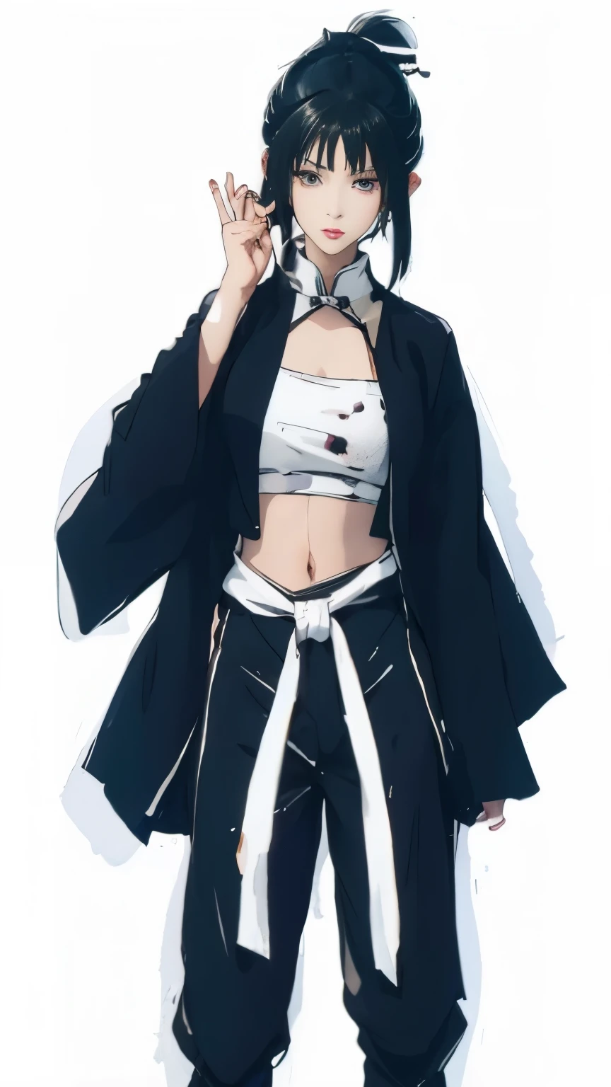 a drawing of a woman in a black jacket and white top, sasuke uchiha, itachi uchiha, itachi, 2 d anime style, hinata hyuga, itatchi uchiha, kunoichi, hinata hyuga from naruto, from naruto, akatsuki akira, anime style character, female anime character, anime style”, Lan Fang,黑色长头发,钢之炼金术师,女杀手,黑色汉服,,女忍者,黑衣,女仆人,黑色长发女杀手,女家臣,黑发女忍者