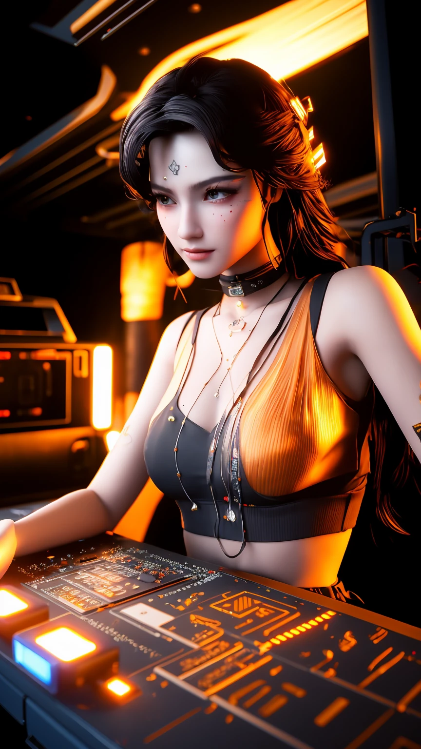 ((Best quality)), ((masterpiece)), (highly detailed:1.3), 3D, beautiful (cyberpunk:1.3) female hacker with thick voluminous hair operating a computer terminal, computer servers, LCD screens, fibre optic cables, corporate logos,HDR (High Dynamic Range),Ray Tracing,NVIDIA RTX,Super-Resolution,Unreal 5,Subsurface scattering,PBR Texturing,Post-processing,Anisotropic Filtering,Depth-of-field,Maximum clarity and sharpness,Multi-layered textures,Albedo and Specular maps,Surface shading,Accurate simulation of light-material interaction,Perfect proportions,Octane Render,Two-tone lighting,Low ISO,White balance,Rule of thirds,Wide aperature,8K RAW,Efficient Sub-Pixel,sub-pixel convolution,luminescent particles,