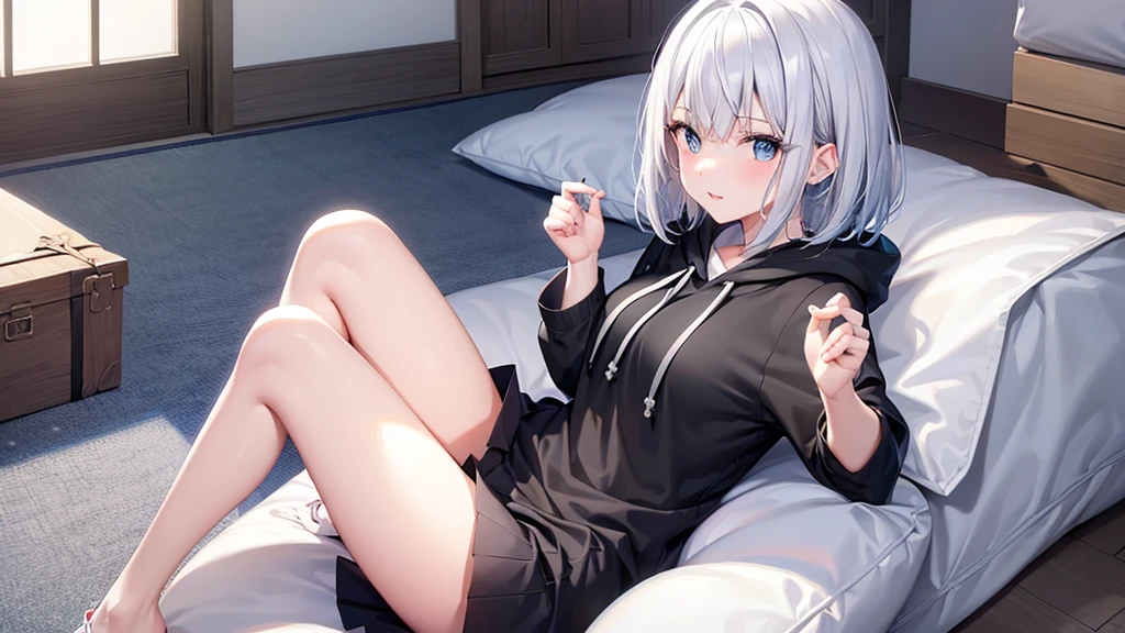 super high quality, girl, 20-year-old, とてもshort hair, long bangs between the eyes, pale blue eyes, hoodie, skirt , very detailed,(masterpiece、highest quality)、alone、gray hair、laughter、White skin as clear as snow, silver hair, black eye, beautiful eyes, Charm, be smitten with audience, hoodie, 白いhoodie,黒いskirt,short hair,blue sky , sunlight,inside the room
