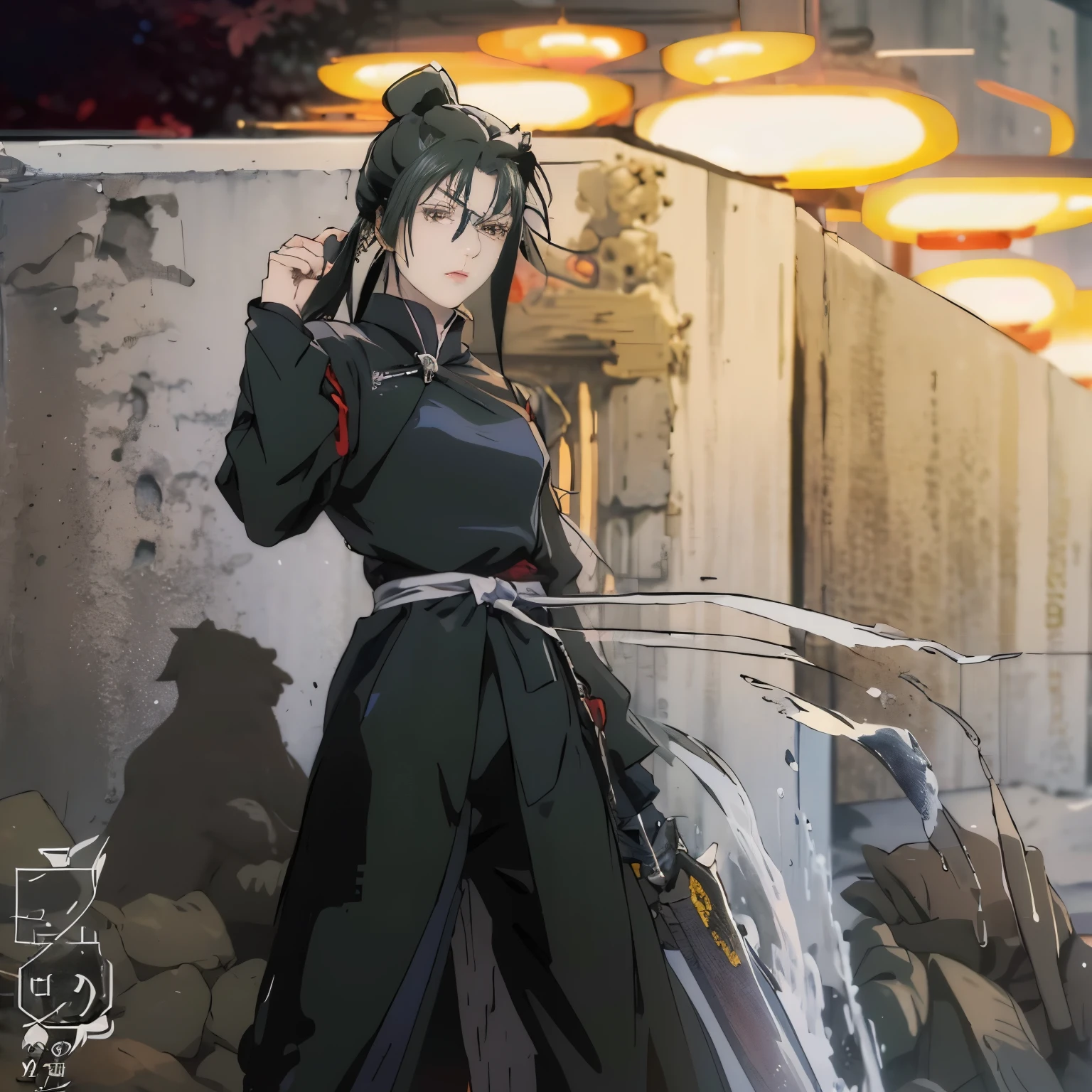anime character with a sword in front of a wall, official art, itachi, kirito, rin, in a mixed style of æon flux, itatchi uchiha, itachi uchiha, shuushuu anime image, akatsuki akira, in full metal alchemist, from naruto, inspired by Munakata Shikō, Lan Fang,long black hair,Fullmetal Alchemist,female killer,black hanfu,,female ninja,Black clotheaid,黑色长发female killer,female retainer,黑发female ninja