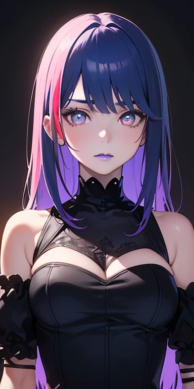 baby face, (colorful fluorescence multicolored  hair:1.5,straight hair:1.5), (masterpiece, sidelights, exquisite beautiful eyes: 1.5), masterpiece*portrait, realistic, ((dark horror background:1.5)),(low tension girl:1.5),colorful,3D face,(beautiful face),front view: 1.6、 (glowing red eyes:1.2),(tareme:1.5)、(condescending expression:1.2),(blue lip rouge:1.2))、blue lip rouge,Slim Body, shiny hair, shiny skin: 1.5、medium breasts,、solo,(stand)、(gothic　dress:1.5)、(charactor focus:1.5、portlate、eye focus,cowboy shot)、dark、