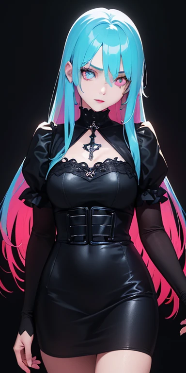 baby face, (colorful fluorescence multicolored  hair:1.5,straight hair:1.5), (masterpiece, sidelights, exquisite beautiful eyes: 1.5), masterpiece*portrait, realistic, ((dark horror background:1.5)),(low tension girl:1.5),colorful,3D face,(beautiful face),front view: 1.6、 (glowing red eyes:1.2),(tareme:1.5)、(condescending expression:1.2),(blue lip rouge:1.2))、blue lip rouge,Slim Body, shiny hair, shiny skin: 1.5、medium breasts,、solo,(stand)、(gothic　dress:1.5)、(charactor focus:1.5、portlate、eye focus,cowboy shot)、dark、