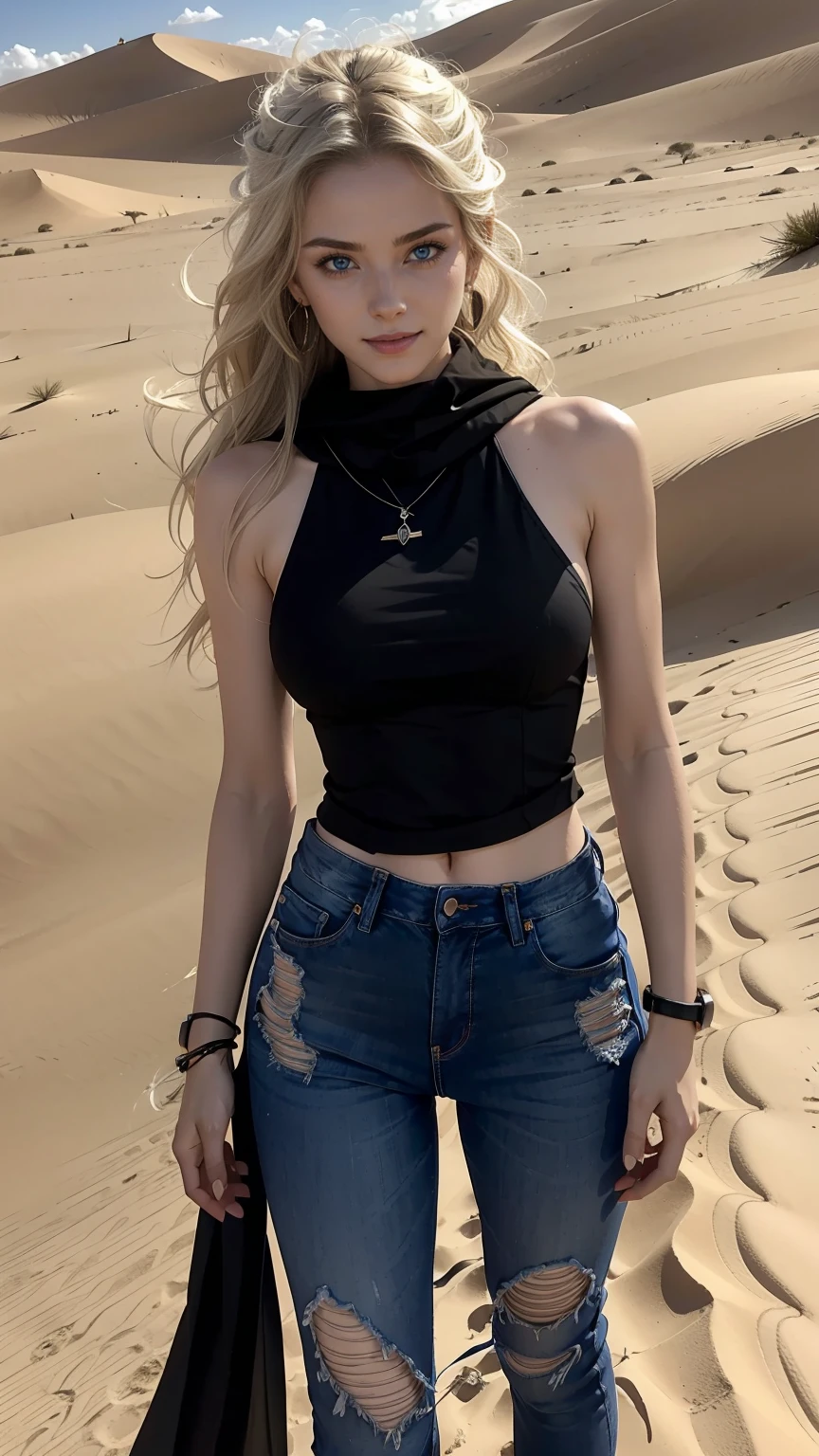 22 year old white female、Hair color is brunette、blue eyes、long hair、The ends of the hair are wavy、accessories on wrist、wearing a necklace、has earrings、skin is smooth、Slender but muscular body、smile、Wearing a sleeveless black high-neck zipper-up top、wearing skinny jeans、He wears a cloak that covers his entire body to protect himself from the sun.、The hood is pulled over the eyes、wearing a mesh scarf、I&#39;m on top of a small sand dune in the desert、The sand dune I&#39;m currently on is the highest