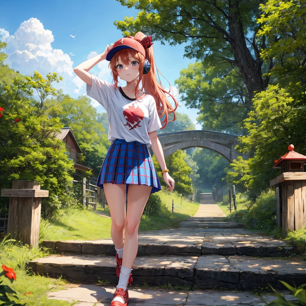 Red-blonde、blue hair、blue eyeraid、ponytail、one good looking girl、solo、anime、Plaid miniskirt、black t-shirt、camisole、forest、walking、Wearing a plaid baseball cap、Tilting your face、log bridge、Doing the ribbon、sunset sky、wearing headphones、stone bridge、stone stairs、petal、A small bird flying、big tree、tunnel、squirt