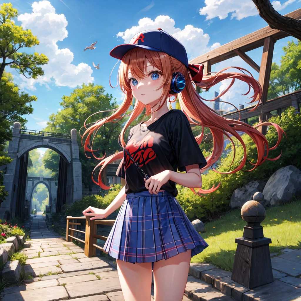 Red-blonde、blue hair、blue eyeraid、ponytail、one good looking girl、solo、anime、Plaid miniskirt、black t-shirt、camisole、forest、walking、Wearing a plaid baseball cap、Tilting your face、log bridge、Doing the ribbon、sunset sky、wearing headphones、stone bridge、stone stairs、petal、A small bird  flying、big tree、tunnel、squirt