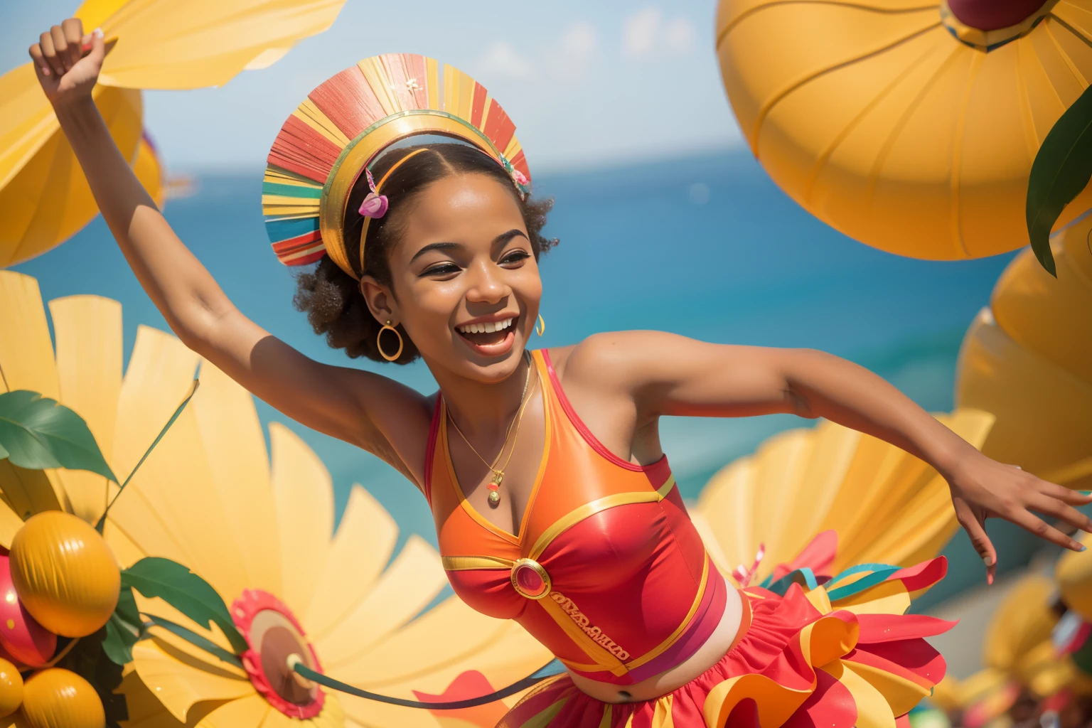 The Rio de Janeiro Carnival Quest: Craft an image of a teen girl with vibrant carnival attire, dancing through the lively streets of Rio de Janeiro during Carnival. The scene is filled with samba rhythms and colorful floats, capturing the festive spirit of Enid Blyton's adventures in a modern Brazilian setting. Render the carnival quest with Wes Anderson's playful and energetic color palette, celebrating the joy of dance and celebration.